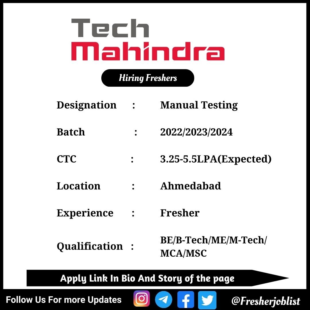 Tech Mahindra Off-campus Drive 2024 hiring Manual Testing | BE/B-Tech/ME/M-Tech/MCA/MSC