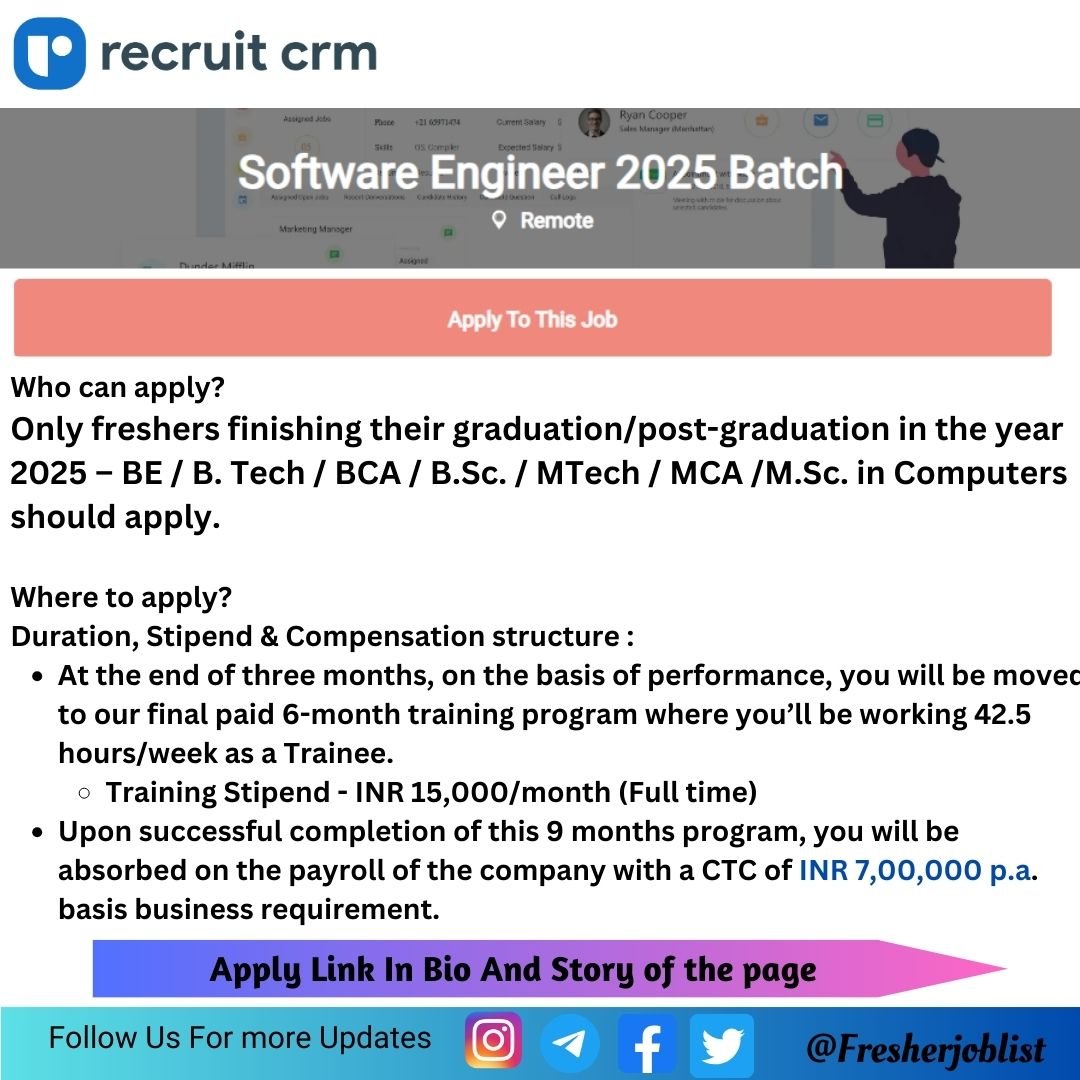 Recruit CRM Off-campus Drive 2024 hiring Software Engineer Intern