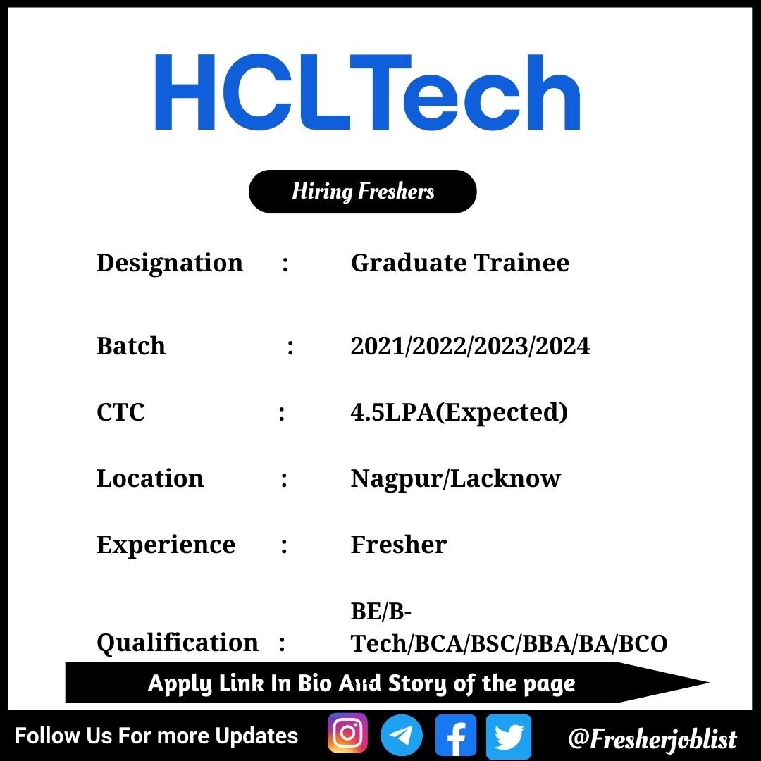 HCL Mega Recruitment Drive 2024 hiring Gradaute Trainee | BE/B-Tech/BCA/BSC/BBA/BA/BCOM