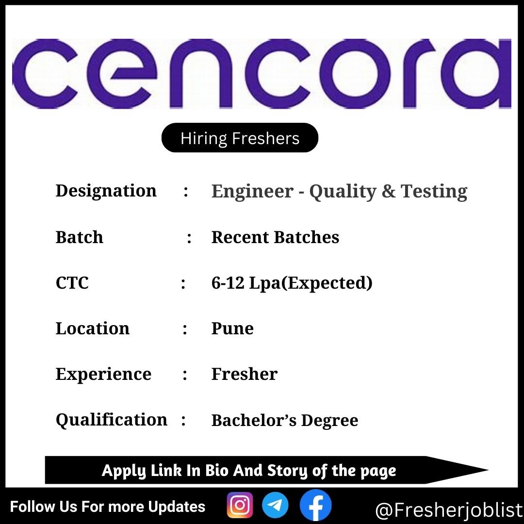 Cencora Off-campus Drive 2024 hiring Engineer - Quality & Testing