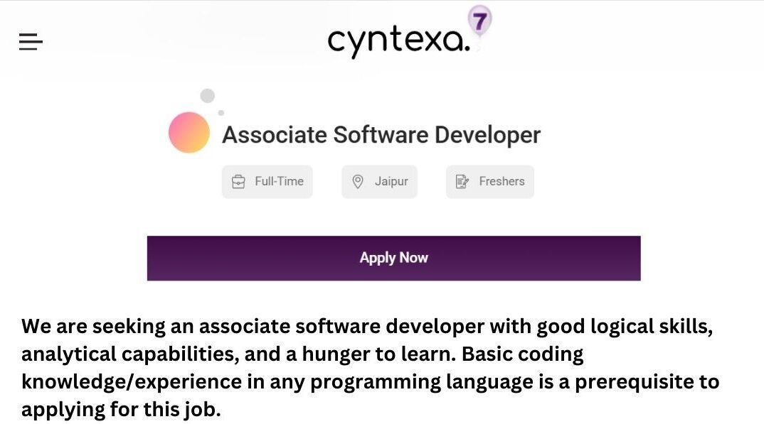 Cyntexa Off-campus Drive 2025 hiring Associate Software Developer | Batchelor's Degree