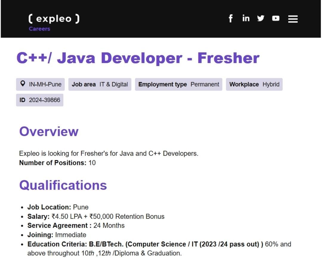 Expleo Off-campus Drive 2025 hiring C++/ Java Developer