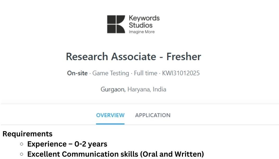 Keywords Studios Off-campus Drive 2025 hiring Research Associates | Batchelor's Degree