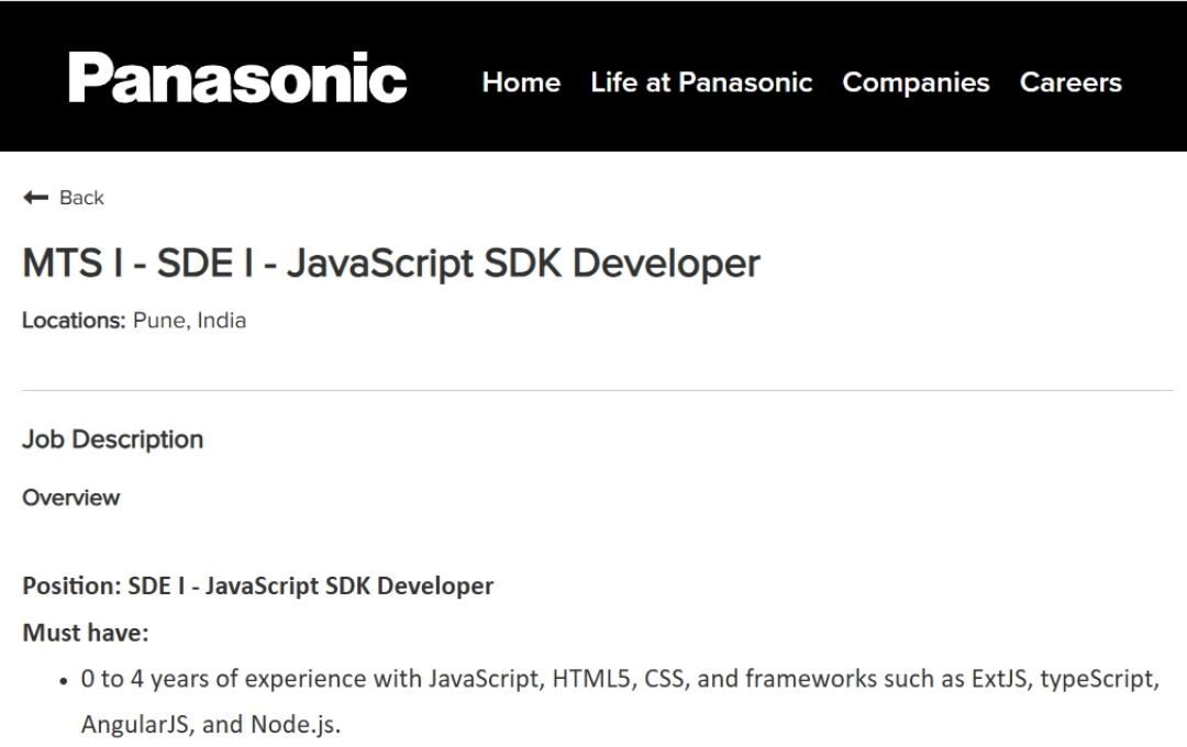 Panasonic Off-campus Drive 2025 hiring JavaScript SDK Developer | BE/B-Tech/Bachelor's Degree