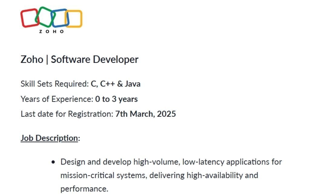 Zoho Off-campus Drive 2025 hiring Software Developers (0 to 3 years)