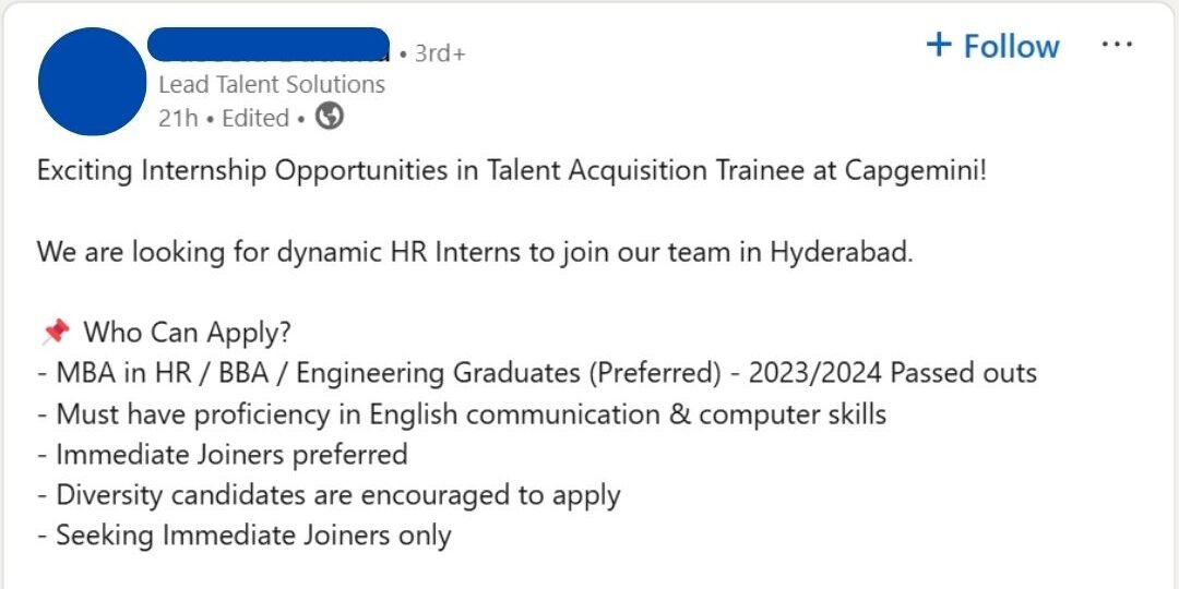 Capgemini Immediate Hiring Drive 2025 for Talent Acquisition Trainees | BE/B-Tech/MBA/BBA