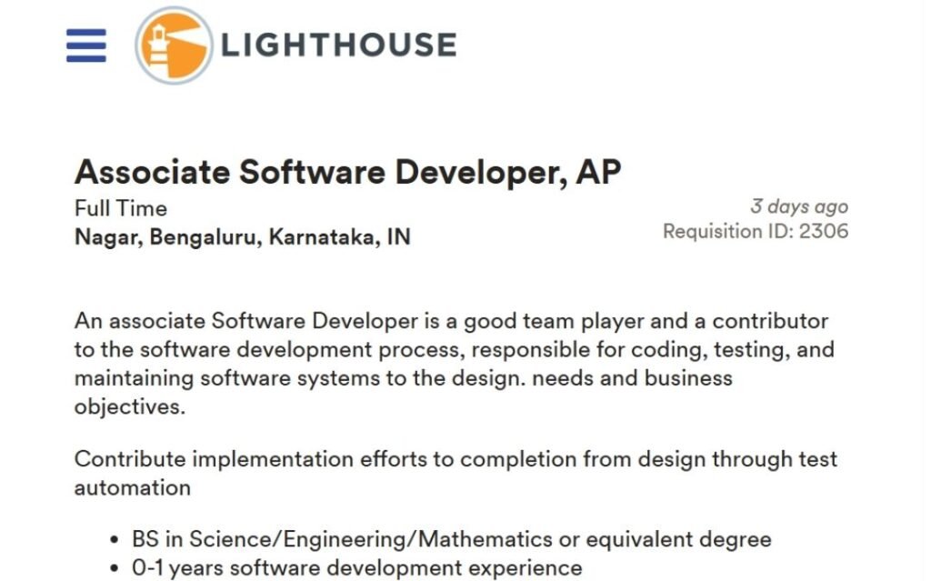 Lighthouse Off-campus Drive 2025 hiring Associate Software Developer ...