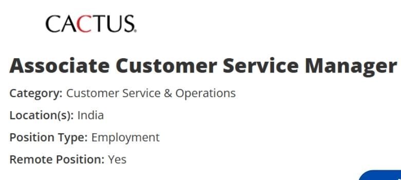 Cactus Off-campus Drive 2025 hiring Associate Customer Service Manager | Any Graduate