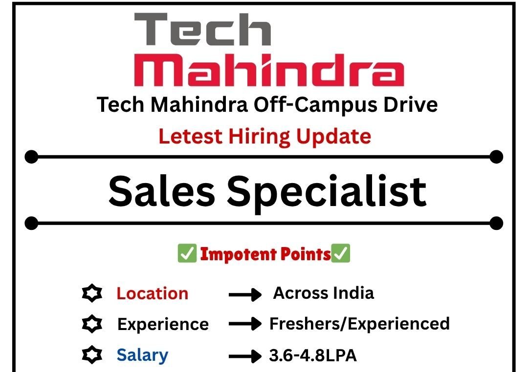 Tech Mahindra Off-campus Drive 2025 hiring Sales Specialist | Any Degree/Graduate