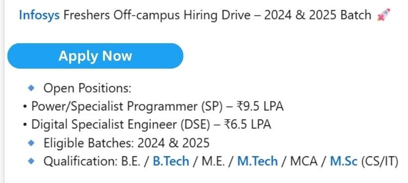 Infosys Off-campus Drive 2025 hiring Software Engineer | BE/B-Tech/ME/M-Tech/MCA/MSC