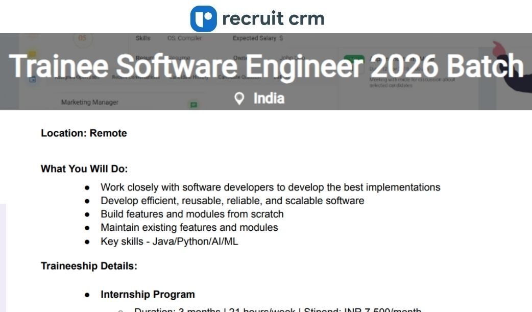 Recruit CRM Remote job 2025 hiring Trainee Software Engineer | INR 900000 Per Annum