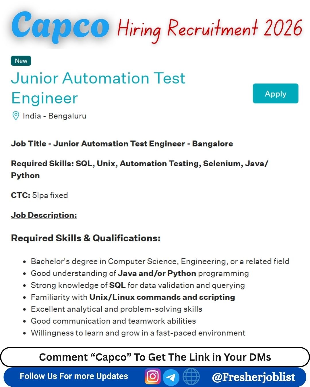 Capco Off-campus Drive 2026 hiring Junior Automation Test Engineer | Bachelor's Degree